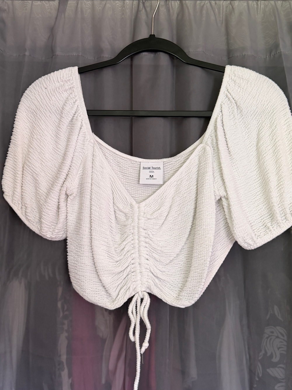 White Ruched Drawstring Puff Sleeve Top - Women